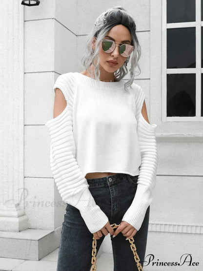 Ribbed Trim Cold-Shoulder Sweater