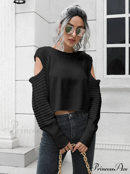 Ribbed Trim Cold-Shoulder Sweater