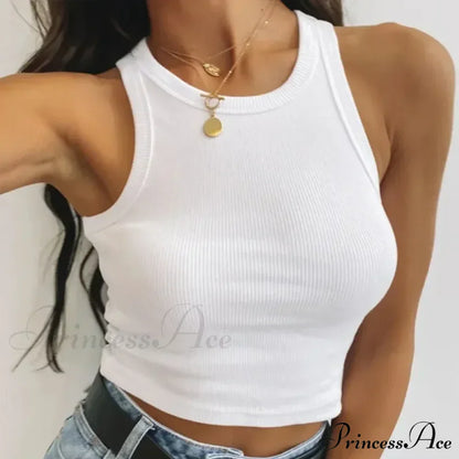 Ribbed Women White Summer Casual Fitness Short Vest Candy Knitted Off Shoulder Crop Women Tank top