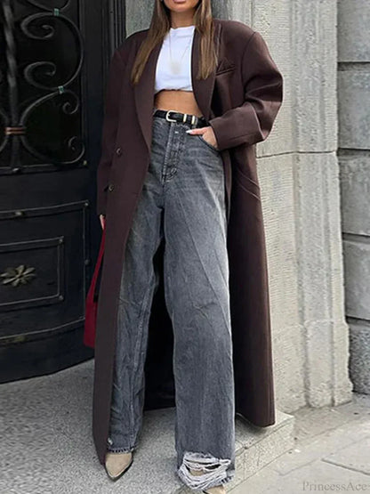 Ribbed Woolen Double-Breasted Overcoat