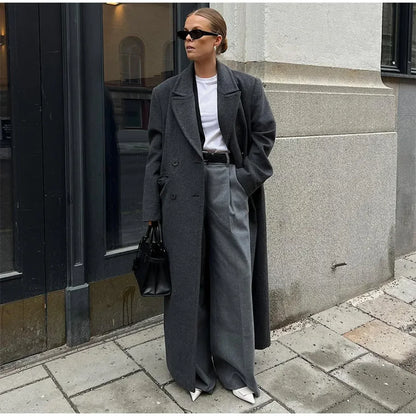 Ribbed Woolen Double-Breasted Overcoat