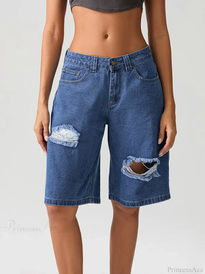 Ripped Button Knee-Length Denim Short