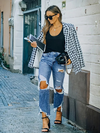 Ripped Holes Washed Straight Slant Pockets Distressed Frayed Hem Denim Jean