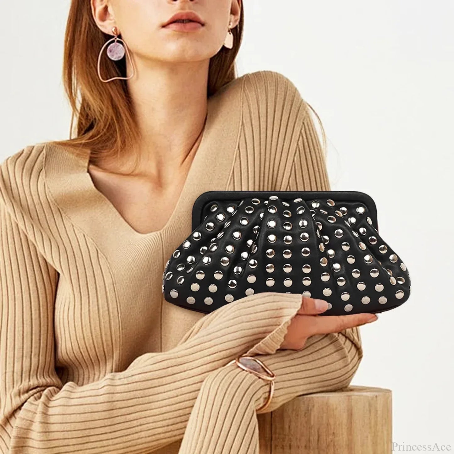 Rivet Ruched Hobo Evening Wristlet