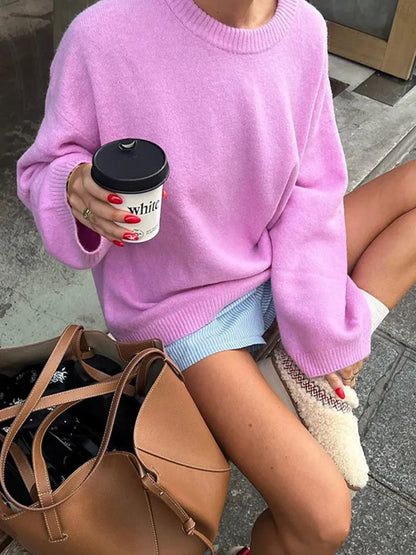 Rose Pink O - neck Lantern Sleeve Sweater