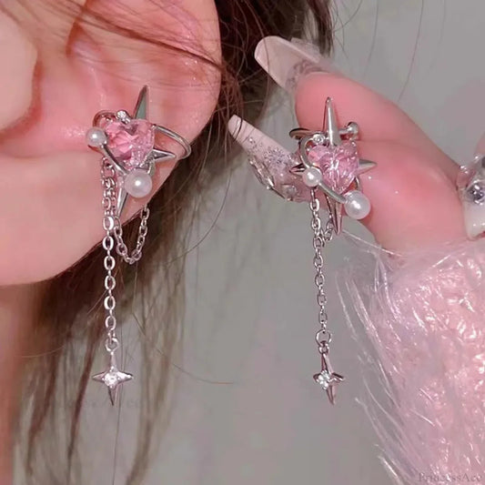 Rose Quartz Heart Celestial Fringe Clip Earring