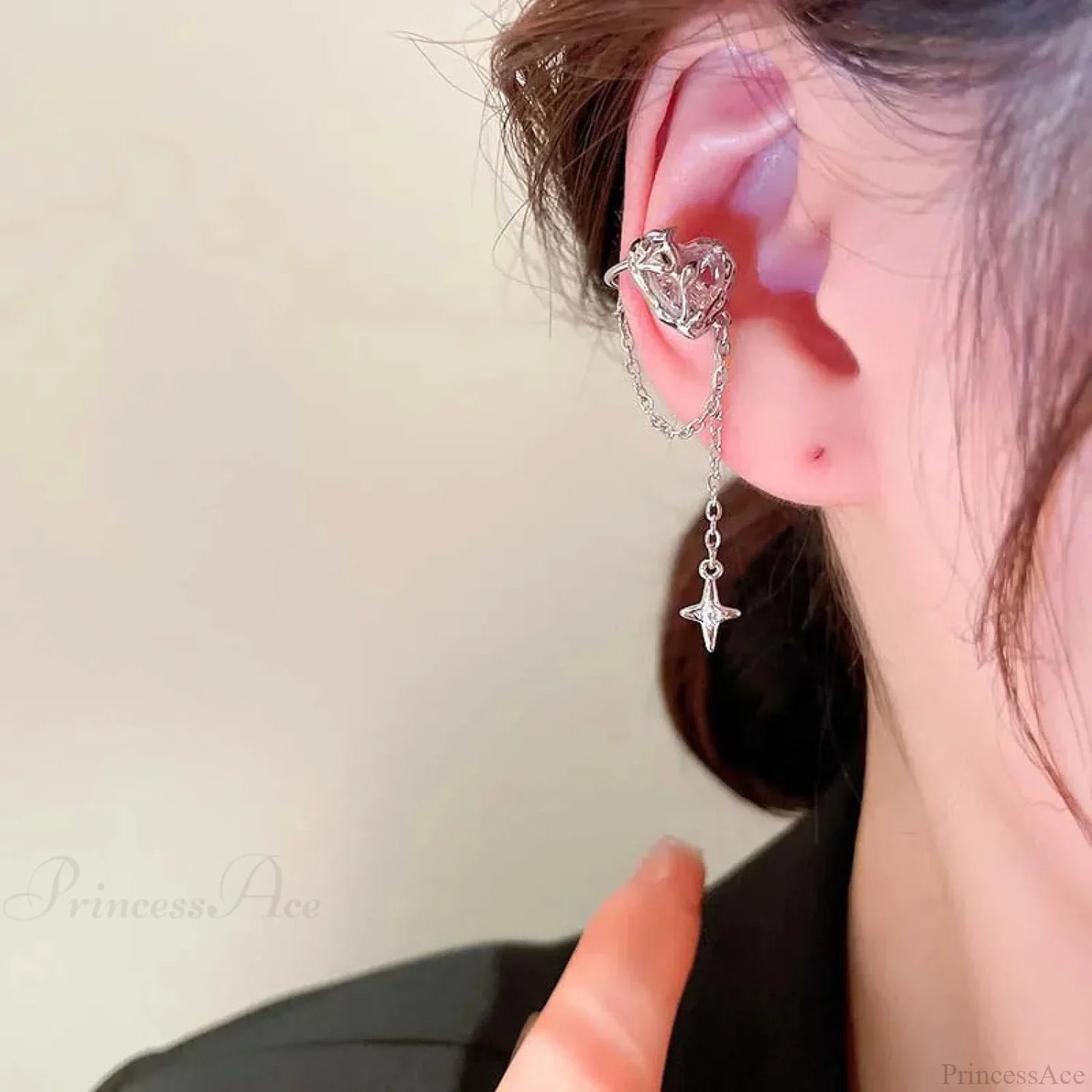 Rose Quartz Heart Celestial Fringe Clip Earring