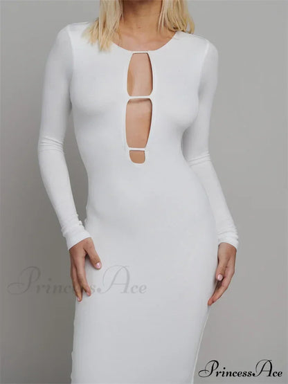 Round Neck Hollow Out Party Clubwear for Women Backless Sleeve Solid Color Slim Fit Vestidos