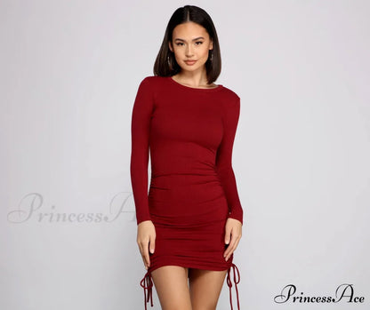 Ruched And Ribbed Knit Graceful Crew Neck Mini Dress