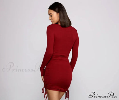 Ruched And Ribbed Knit Graceful Crew Neck Mini Dress