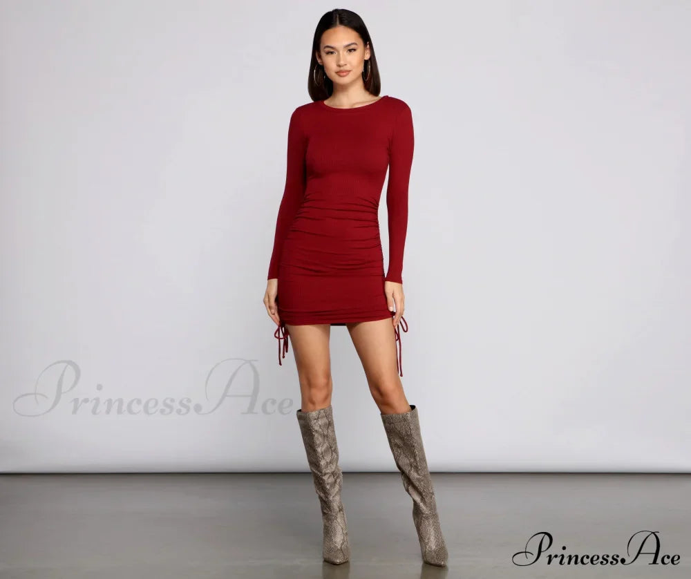 Ruched And Ribbed Knit Graceful Crew Neck Mini Dress