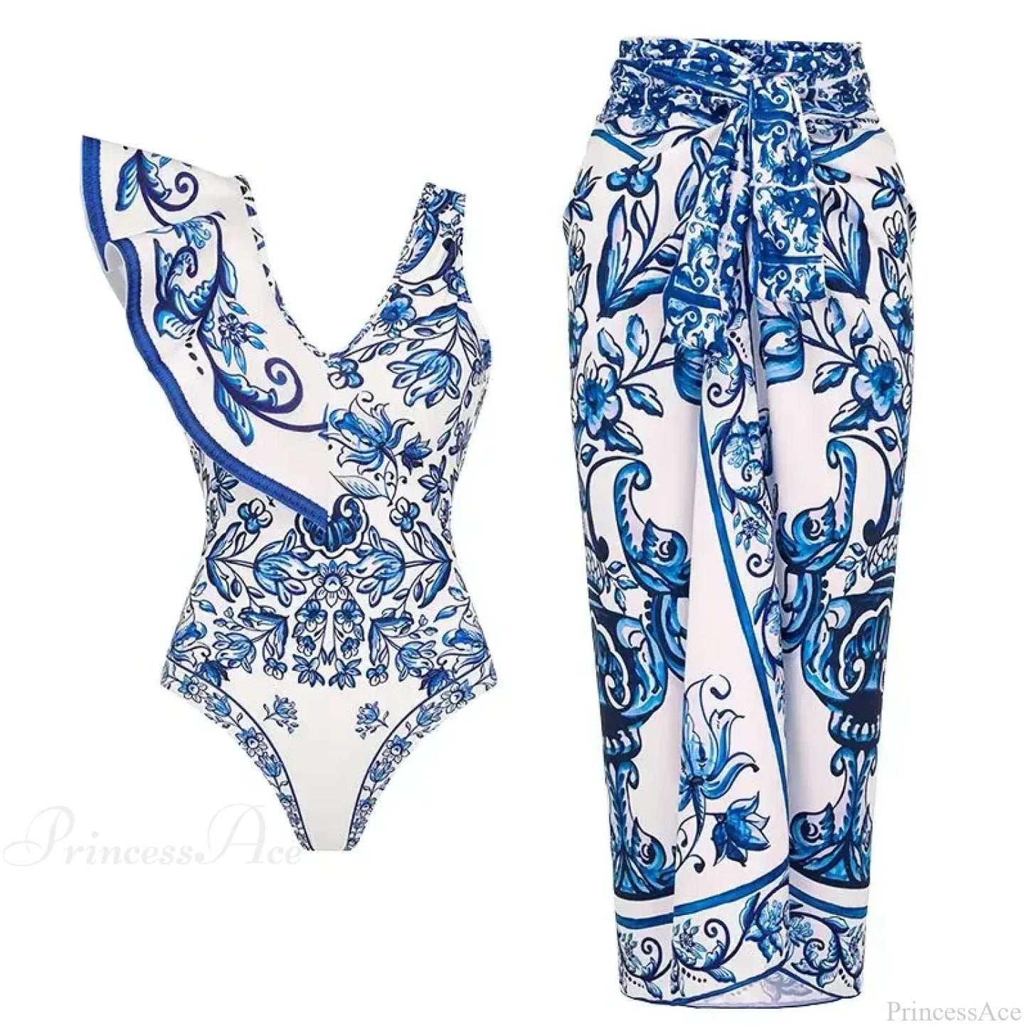 Conjunto de dos piezas con estampado azul, cuello en V y volantes