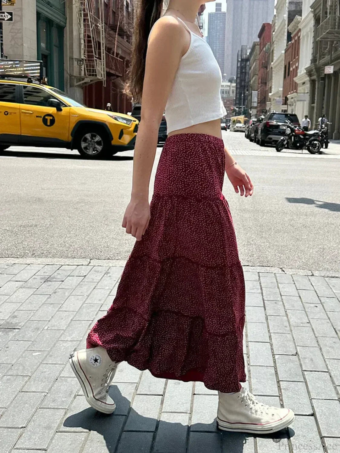 Ruffled Floral Red High Waist A-Line Skirt