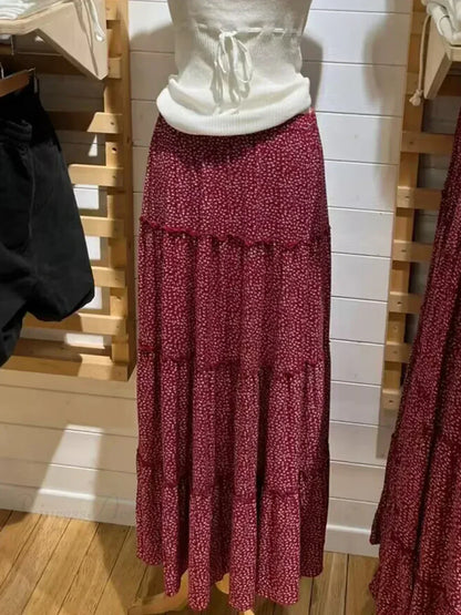 Ruffled Floral Red High Waist A-Line Skirt