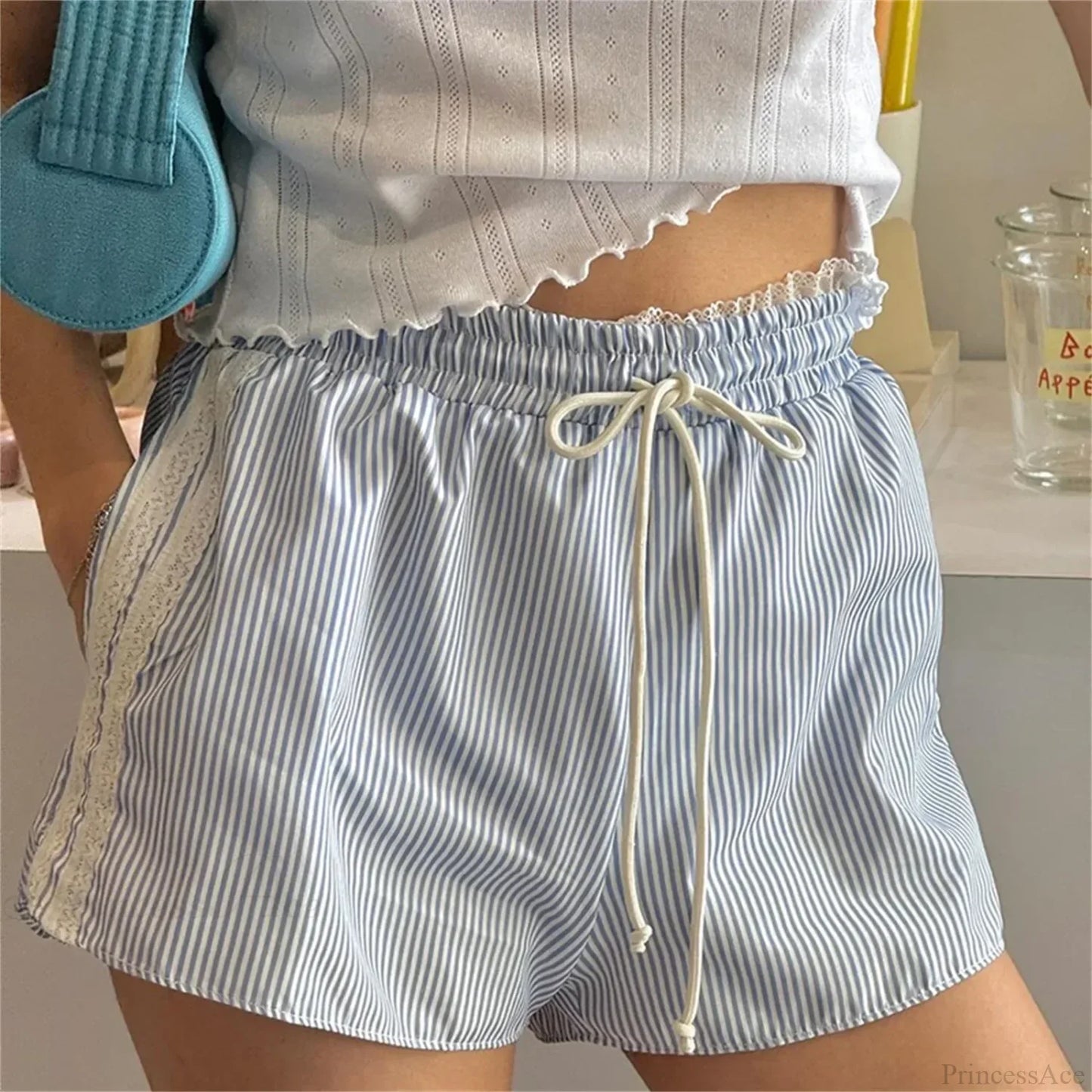Ruffled Lace Trim Striped Short