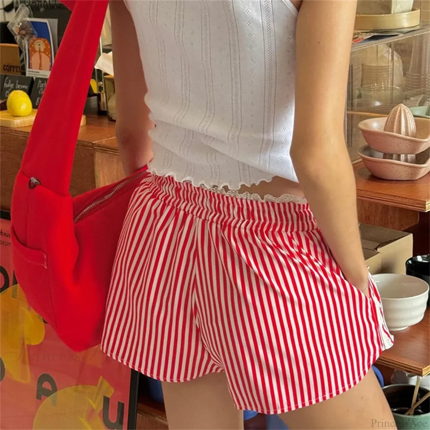 Ruffled Lace Trim Striped Short