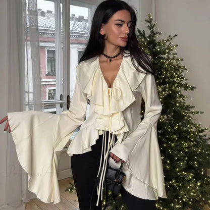 Ruffled Lace-Up V-neck Blouse