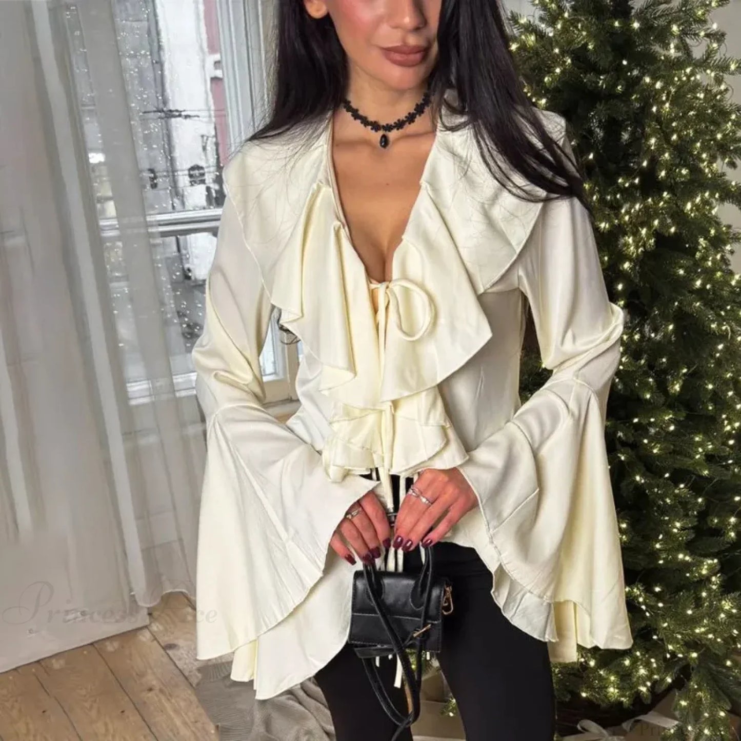 Ruffled Lace-Up V-neck Casual Long Sleeve Blouse
