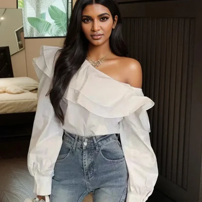 Ruffled Off Shoulder Slim Fit Casual Long Sleeve Blouse