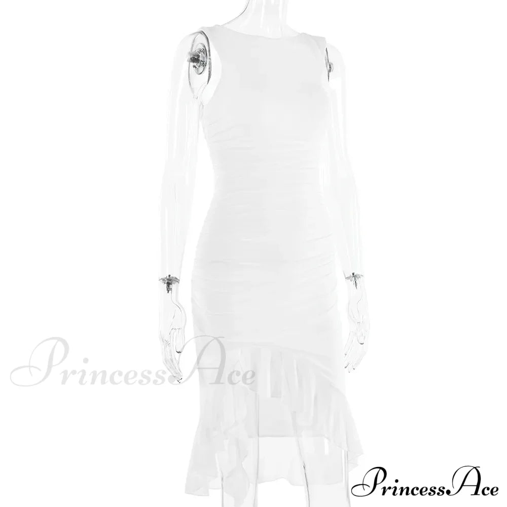 Ruffled Ruched Summer-ready Backless Sleeveless Irregular Sensual Midi Dress