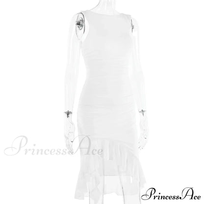 Ruffled Ruched Summer-ready Backless Sleeveless Irregular Sensual Midi Dress