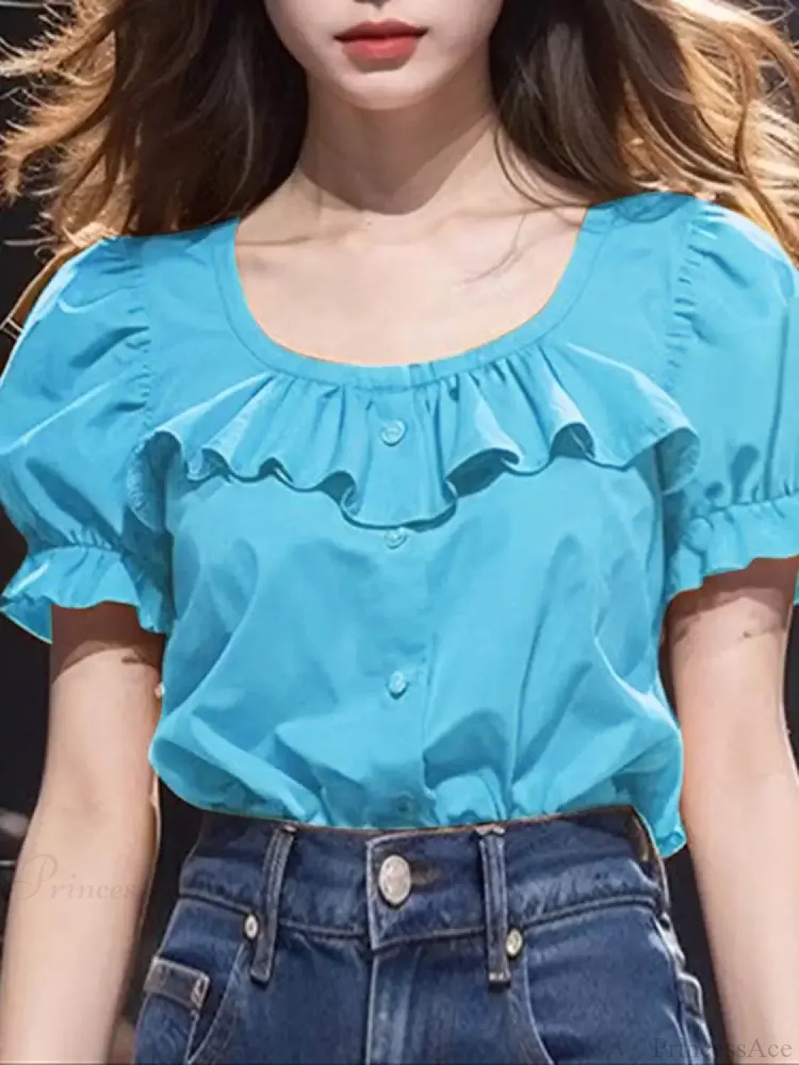 Ruffled Solid Puff Sleeve Casual Tunic Blouse