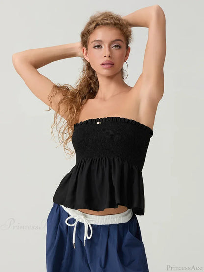 Ruffled Strapless Smocked Flowing Hem Bodydoll Tube Top