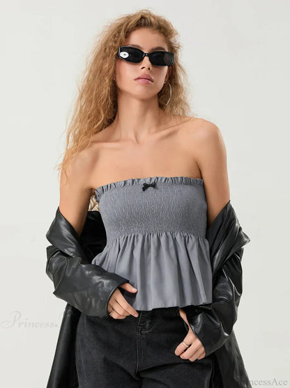 Ruffled Strapless Smocked Flowing Hem Bodydoll Tube Top