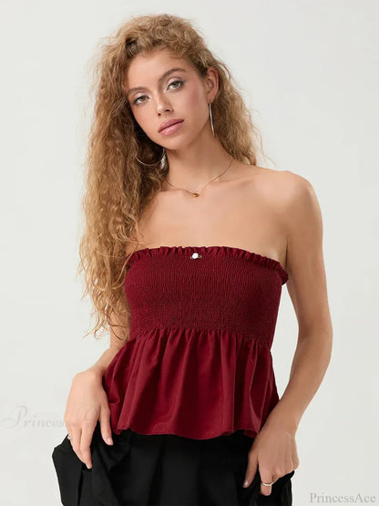 Ruffled Strapless Smocked Flowing Hem Bodydoll Tube Top