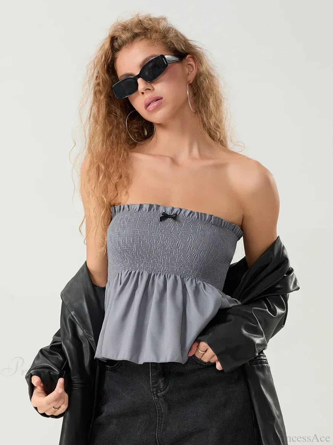 Ruffled Strapless Smocked Flowing Hem Bodydoll Tube Top