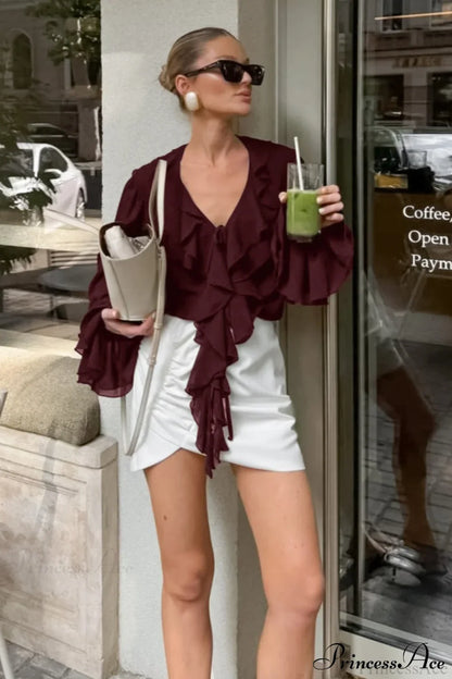 Ruffled V-Neck Long-Sleeve Tie-Waist French Blouse