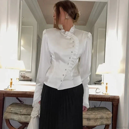 Ruffled White Long Sleeve Blouse