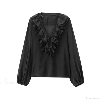 Ruffles Deep V-Neck Lace-Up Loose Oversize Boho Blouse