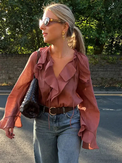 Ruffles Lace Up V Neck Gauze Blouse