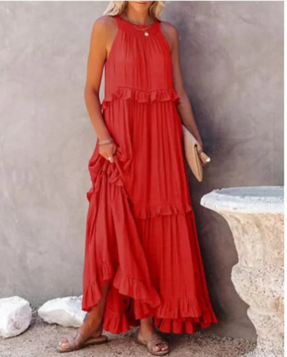Ruffles Sexy Split Halter Sleeveless Big Hem Maxi Boho Dress