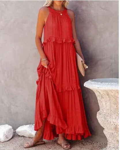 Ruffles Sexy Split Halter Sleeveless Big Hem Maxi Boho Dress