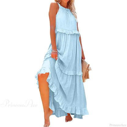 Ruffles Sexy Split Halter Sleeveless Big Hem Maxi Boho Dress