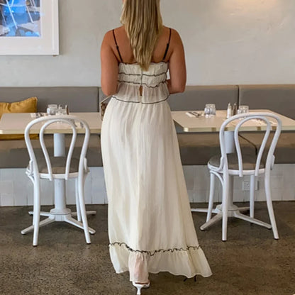 Ruffles Tie-Up Crop Top A-line Maxi Skirt Two Pieces Set
