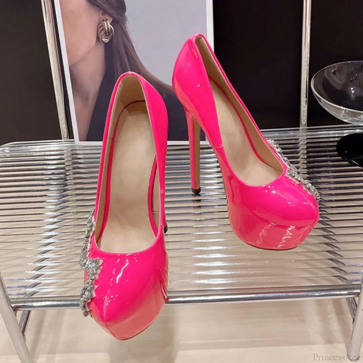 Runway Style Pink High-Heels Women Pumps Spring Autumn Round-Toe Crystal Platform Stiletto Wedding High Heel