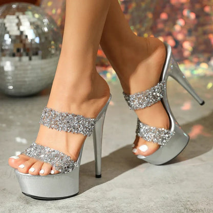 Runway Style Super High Heels Sequined Pvc Summer Party Banquet Big Size Platform High Heel