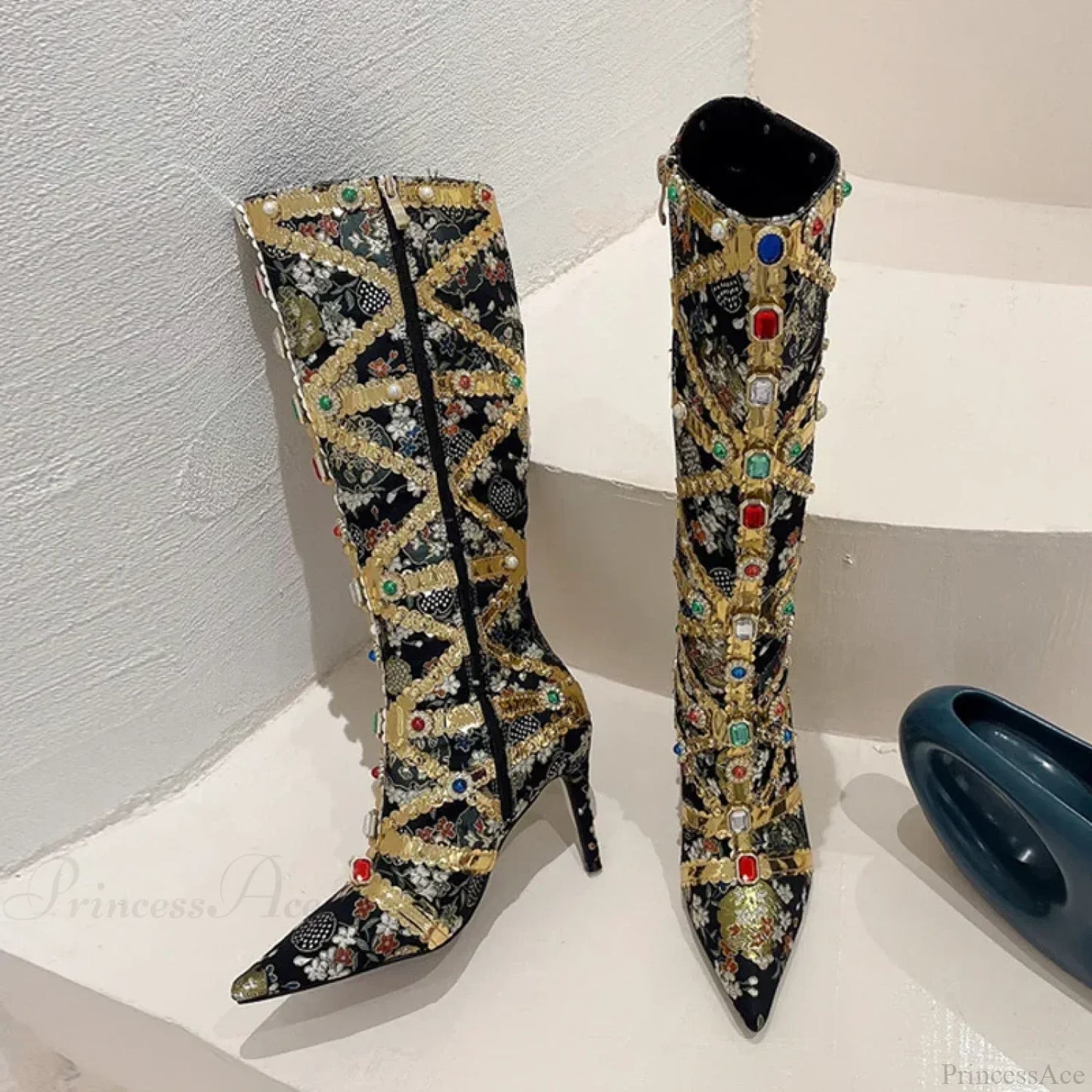 RunwayFashion Color Gem Embroider Pointed Toe Zip Stripper Heels Booties High Heel