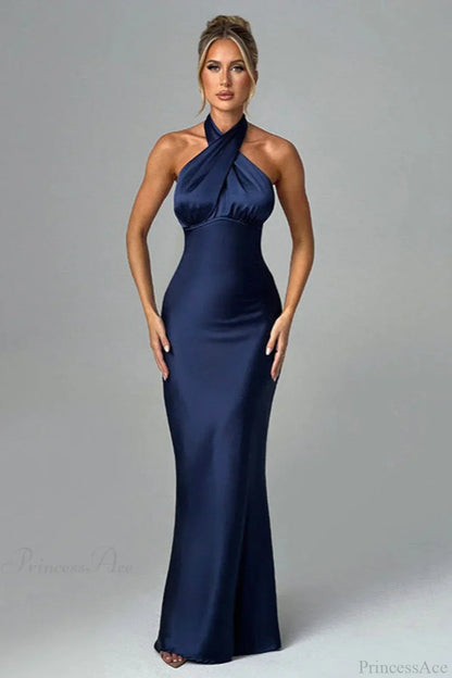 Satin Halter High Waist Fitted Party Dress