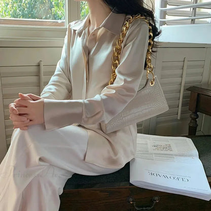 Satin Long Sleeve French Style Office Lady Blouse