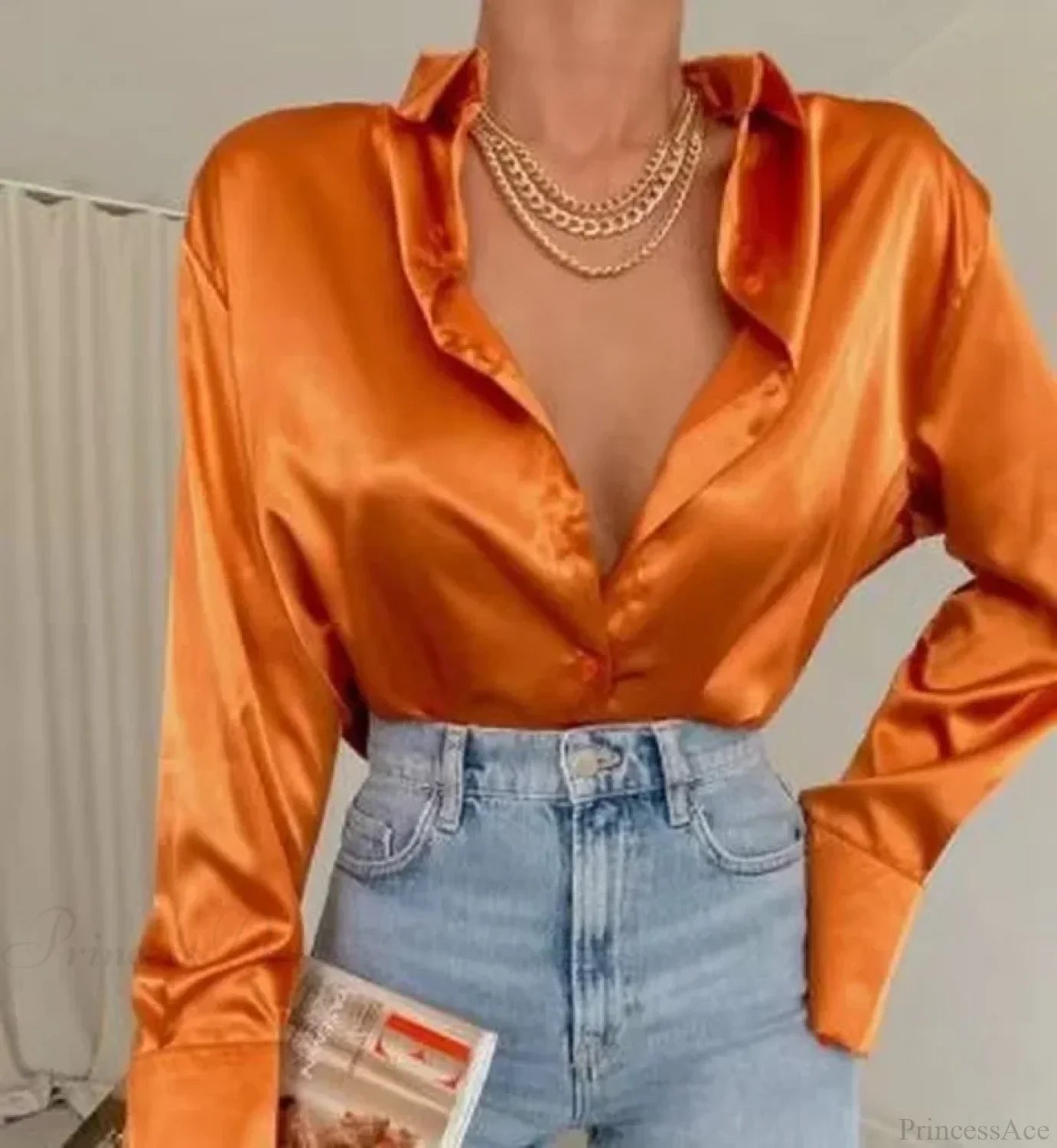 Satin Long Sleeve Vintage Blue Blouse