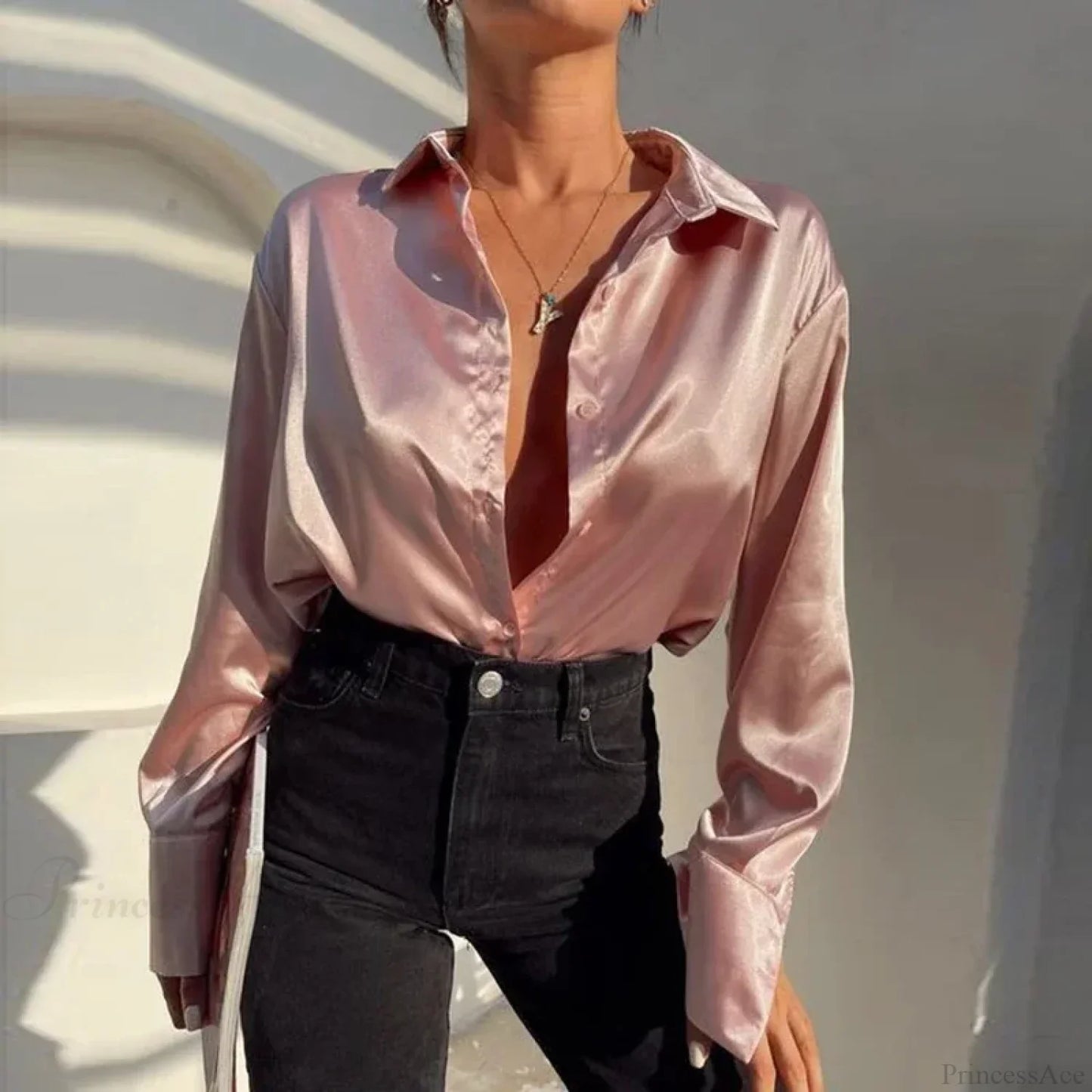 Satin Long Sleeve Vintage Blue Blouse