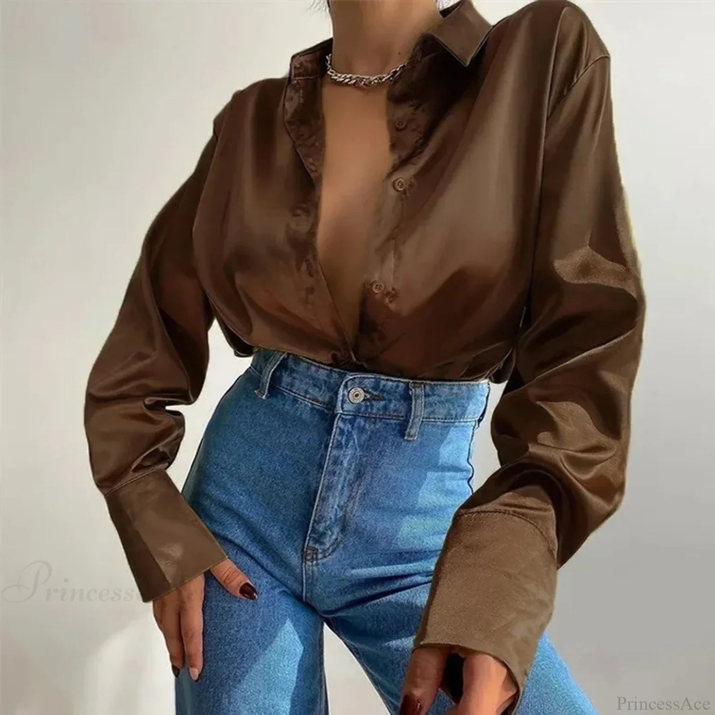 Satin Long Sleeve Vintage Blue Green Silk Button Blouse