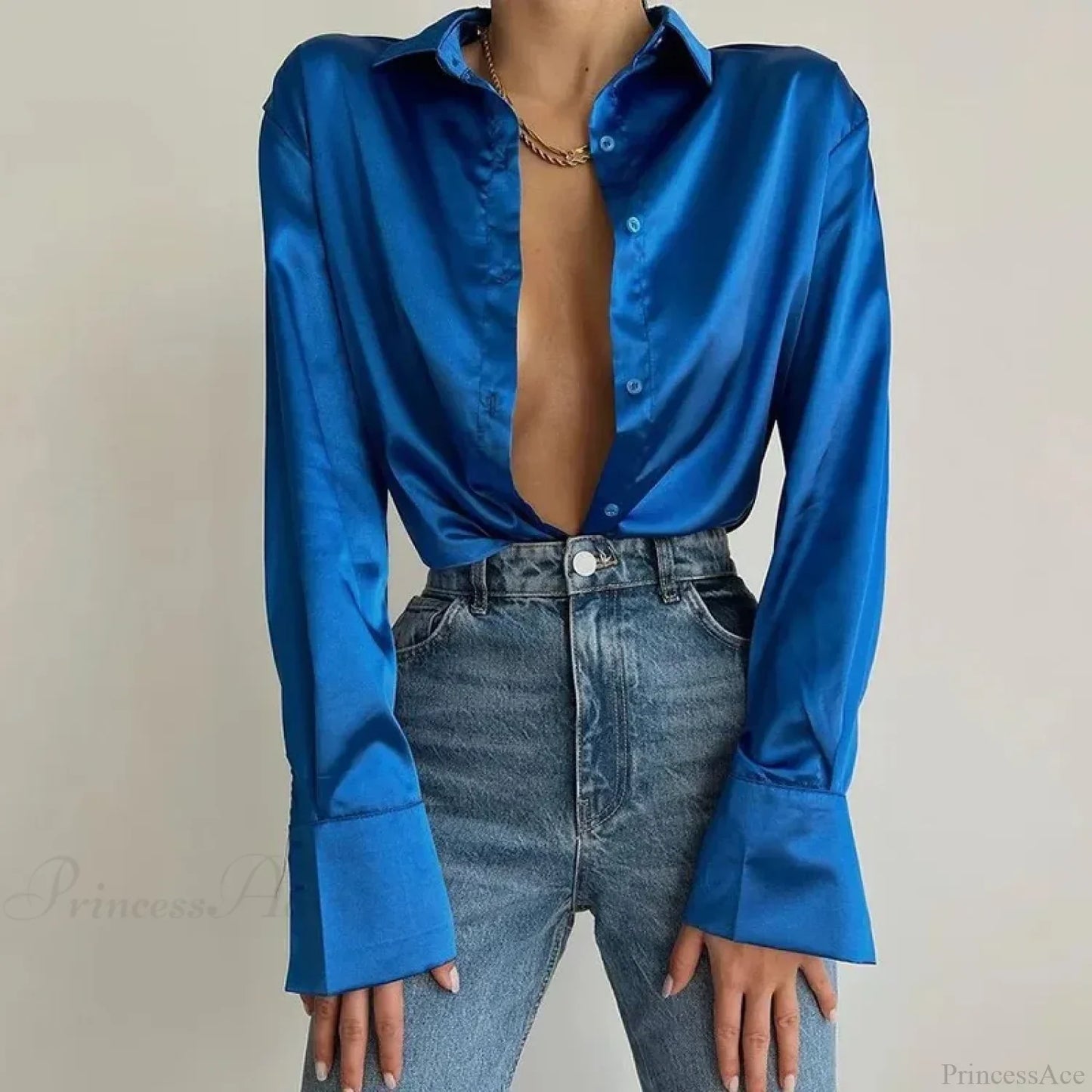 Satin Long Sleeve Vintage Blue Green Silk Button Blouse