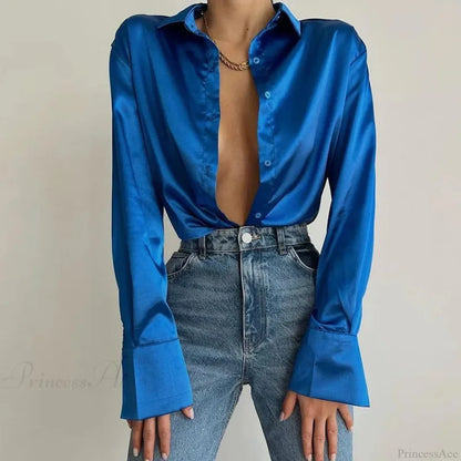 Satin Long Sleeve Vintage Blue Green Silk Button Blouse