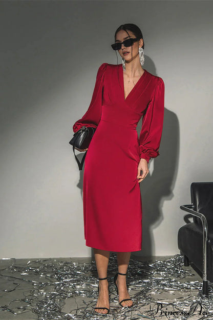 Satin Red Chic Formal Maxi Dress
