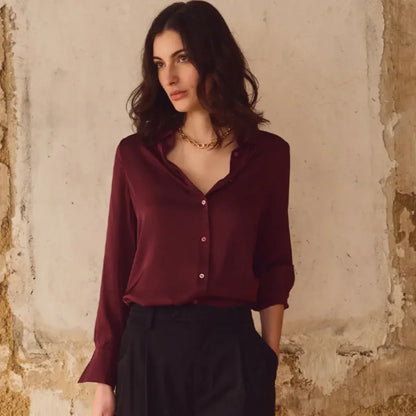 Satin Solid Long Sleeve Polo Neck Blouse